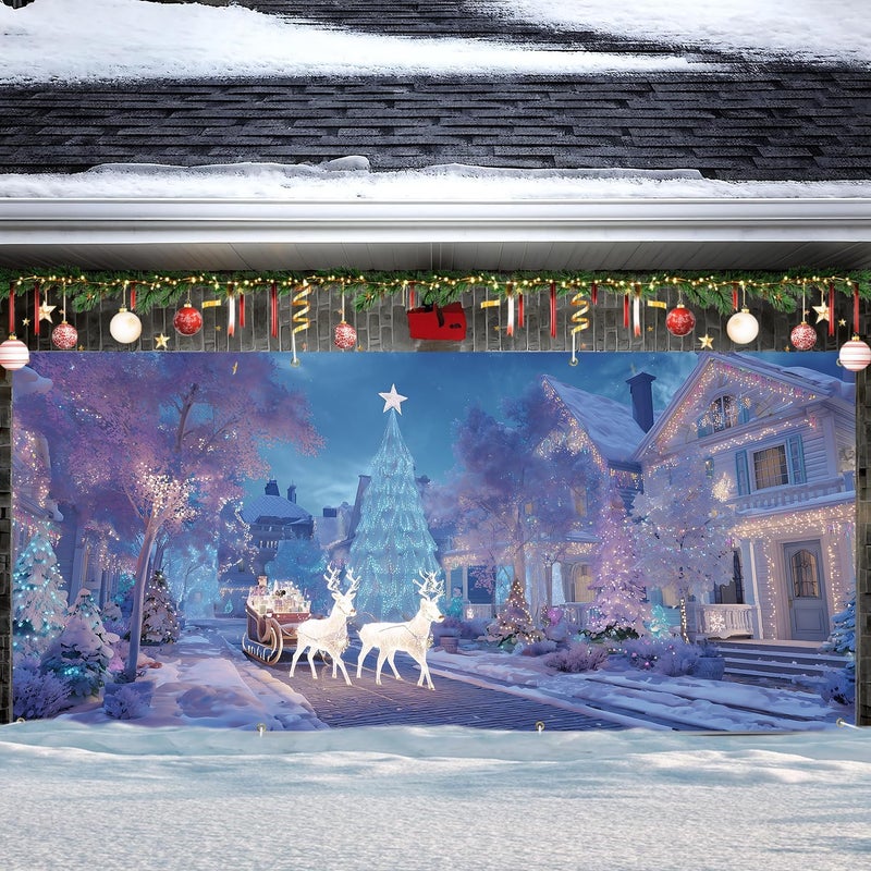 ANNA QUEEN Christmas Sleigh Ride Under the Stars Garage Door Banner 6 x 13FT, Winter Scene with Santa and Reindeer, Outdoor Garage Decoration for Parties Home Decor - Image 2